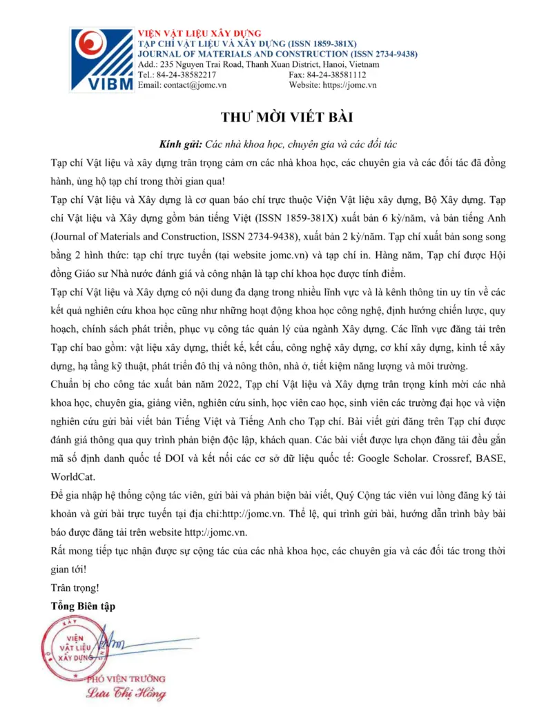 THƯ MỜI VIẾT BÀI CHO TẠP CHÍ VẬT LIỆU VÀ XÂY DỰNG