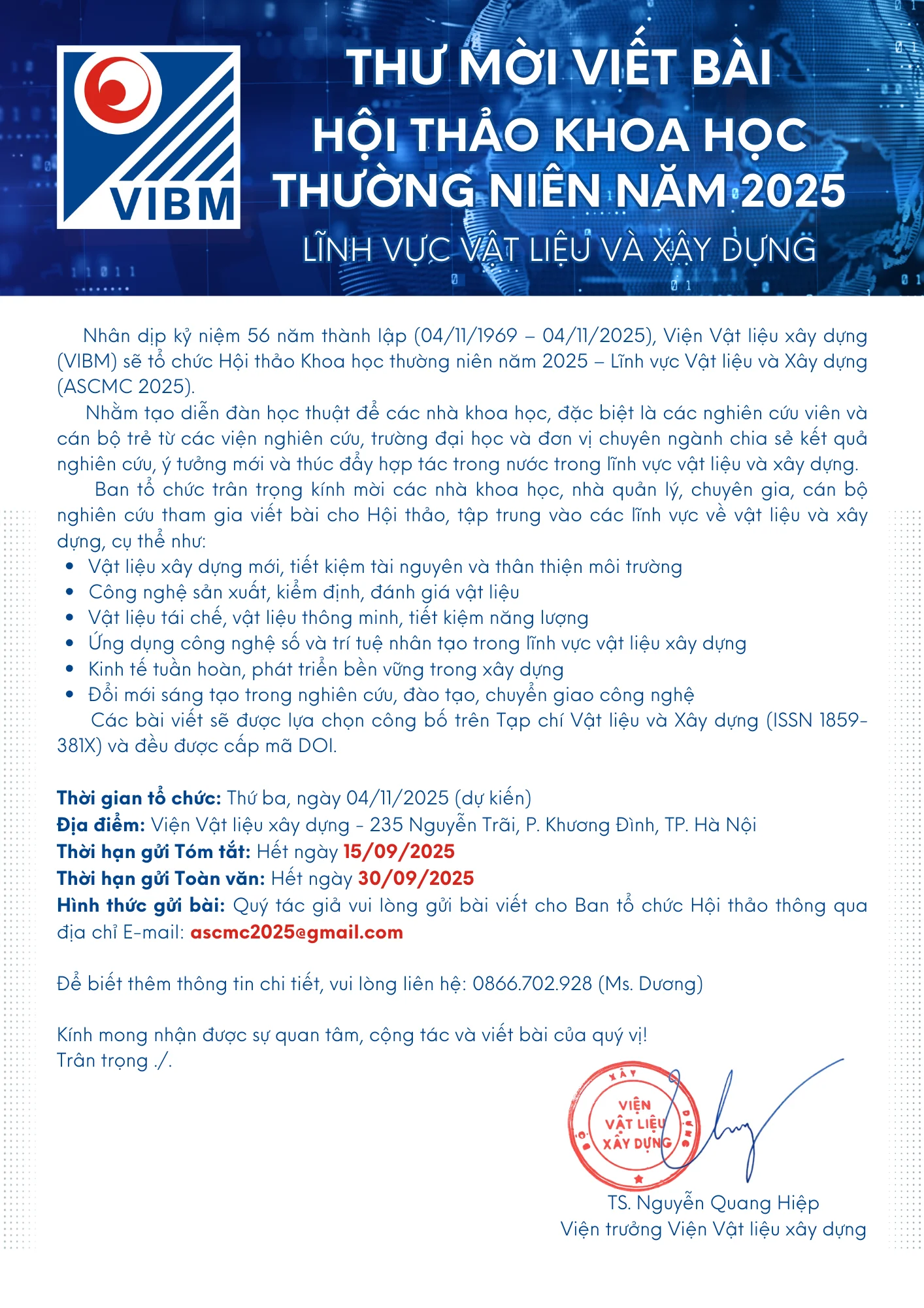Thư mời viết bài Hội thảo Khoa học thường niên năm 2025 – Lĩnh vực Vật liệu và Xây dựng (ASCMC 2025) Thư mời viết bài Hội thảo Khoa học thường niên năm 2025 – Lĩnh vực Vật liệu và Xây dựng (ASCMC 2025)
