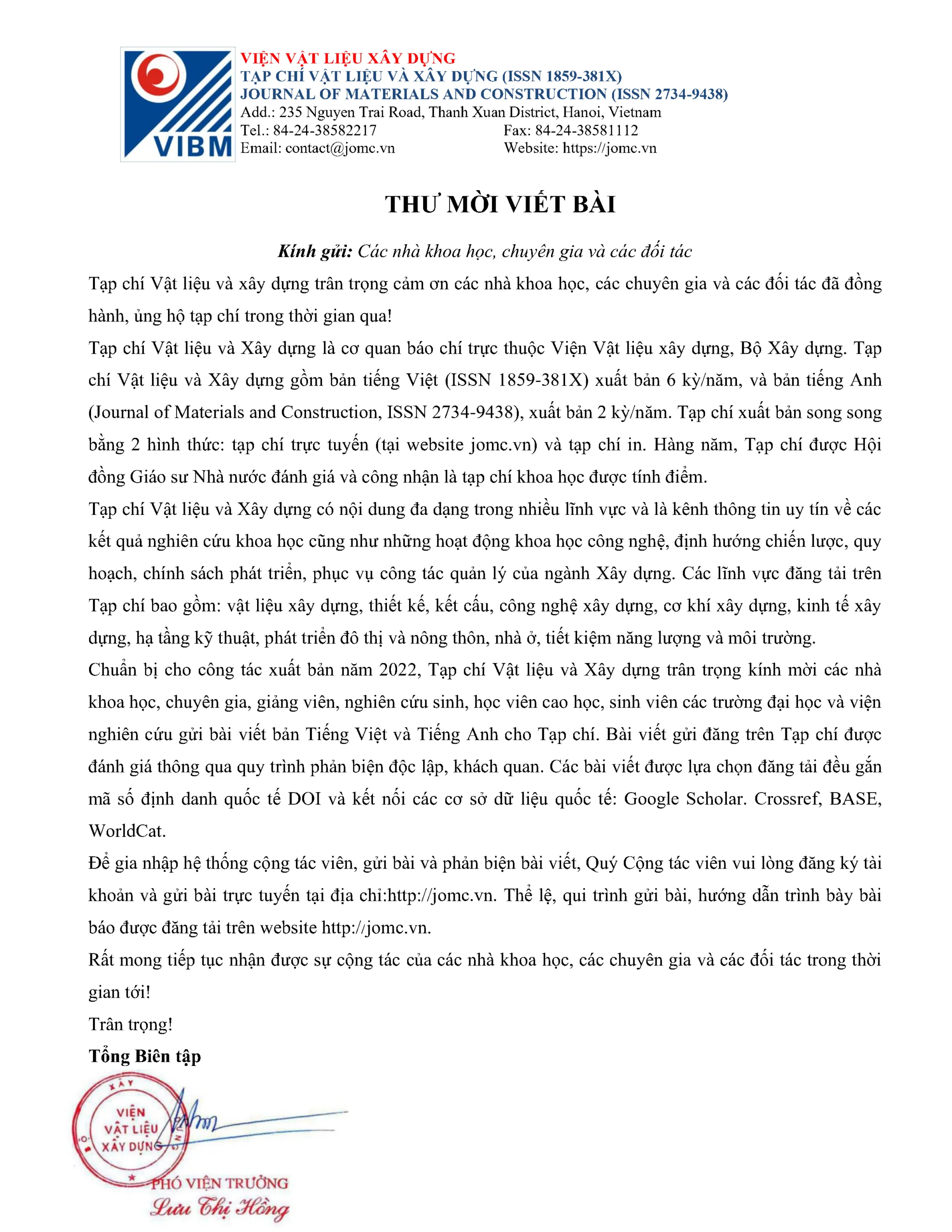 THƯ MỜI VIẾT BÀI CHO TẠP CHÍ VẬT LIỆU VÀ XÂY DỰNG THƯ MỜI VIẾT BÀI CHO TẠP CHÍ VẬT LIỆU VÀ XÂY DỰNG