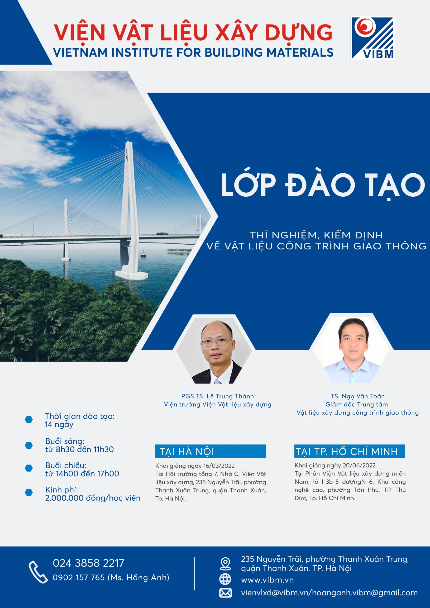 VIBM: CHIÊU SINH LỚP ĐÀO TẠO THÍ NGHIỆM, KIỂM ĐỊNH VỀ VẬT LIỆU CÔNG TRÌNH GIAO THÔNG