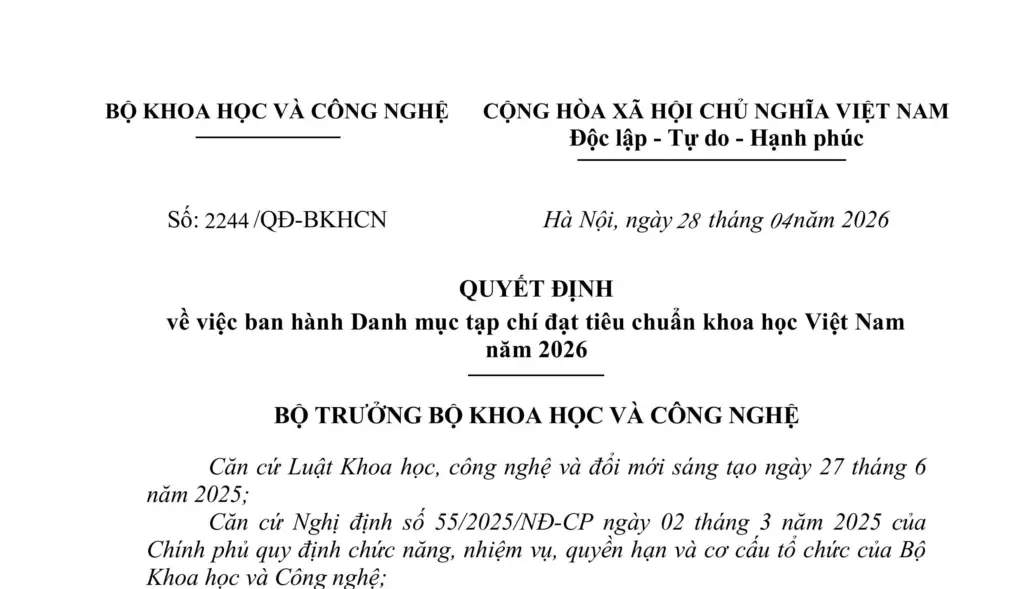 TẠP CHÍ VẬT LIỆU VÀ XÂY DỰNG (ISSN 1859-381X) & JOURNAL OF MATERIALS AND CONSTRUCTION (ISSN 2734-9438) ĐẠT CHUẨN TẠP CHÍ KHOA HỌC VIỆT NAM NĂM 2026