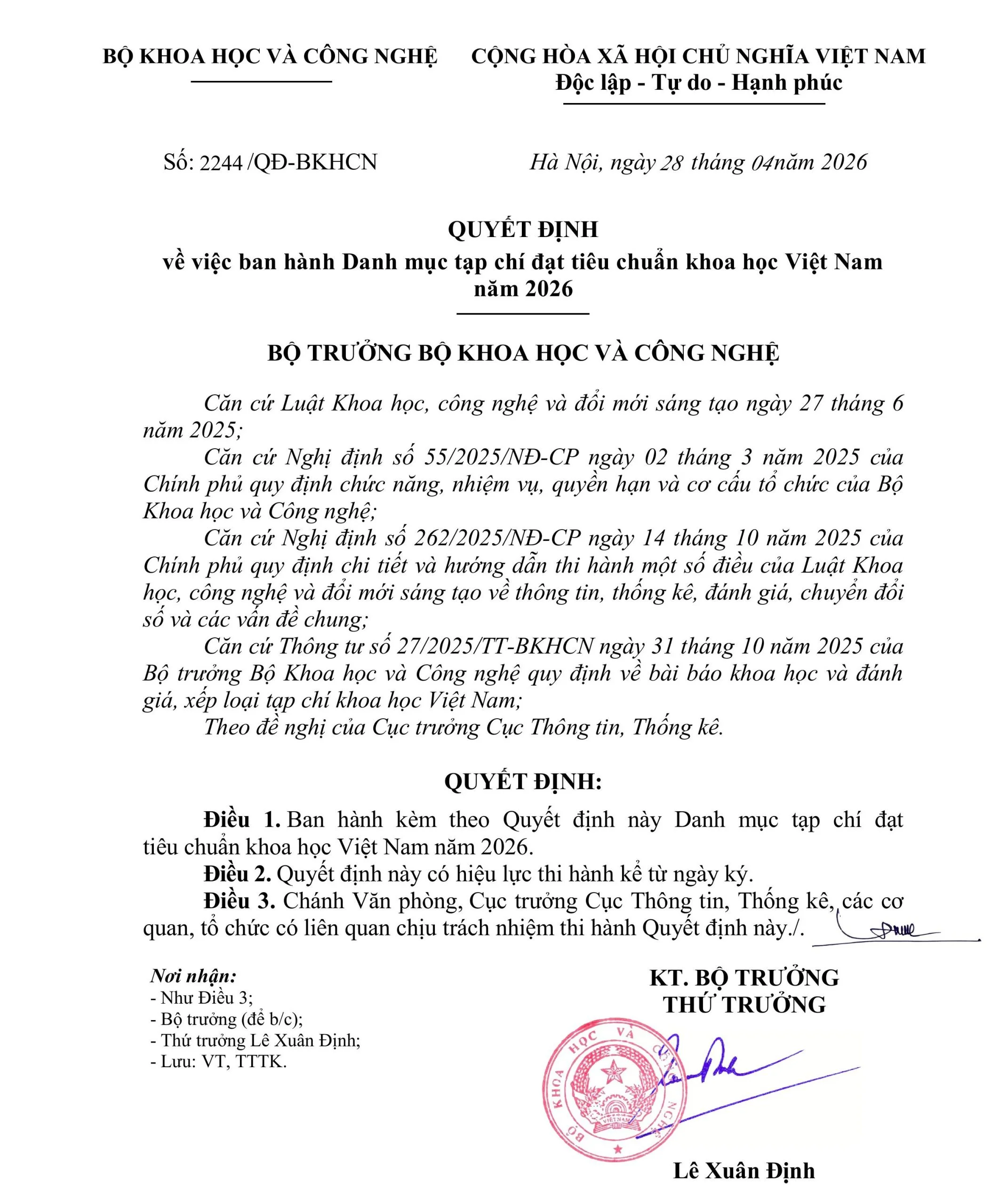 TẠP CHÍ VẬT LIỆU VÀ XÂY DỰNG (ISSN 1859-381X) & JOURNAL OF MATERIALS AND CONSTRUCTION (ISSN 2734-9438) ĐẠT CHUẨN TẠP CHÍ KHOA HỌC VIỆT NAM NĂM 2026